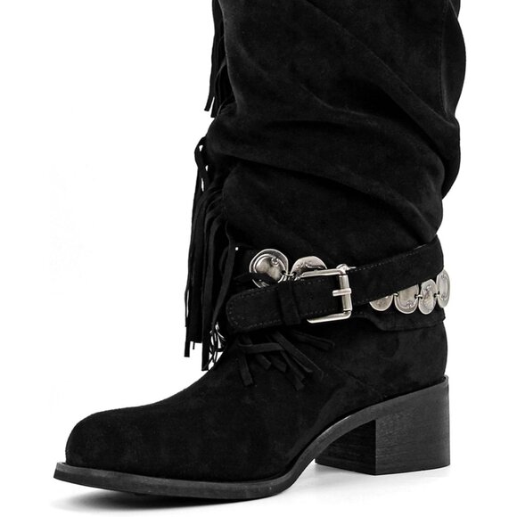 ⚡Women's Black Knee High Riding Boots With Fringes Buckle Straps Chunky Heel - Picture 4 of 4